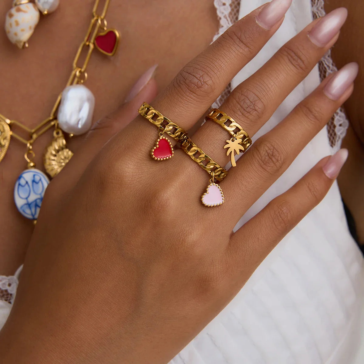 Heart Chain Ring - Pink & Red