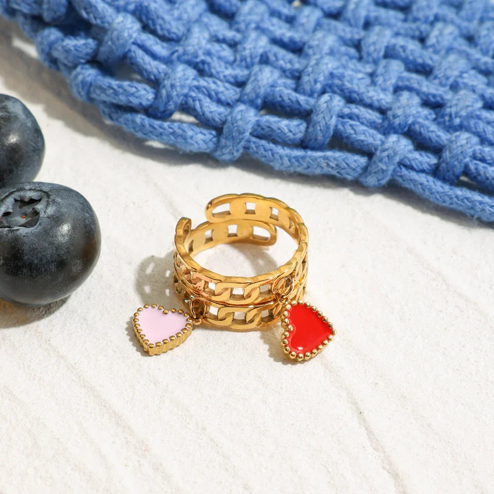 Heart Chain Ring - Pink & Red