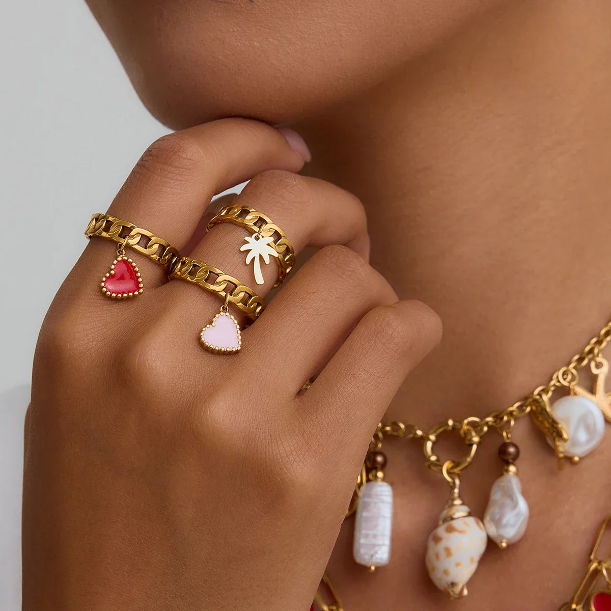 Heart Chain Ring - Pink & Red